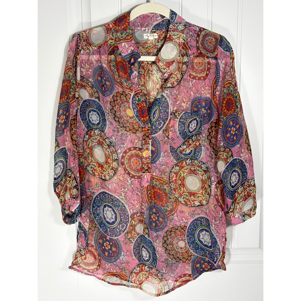 Antilia Femme Pink Medallion Print Sheer Blouse Boho Top Large